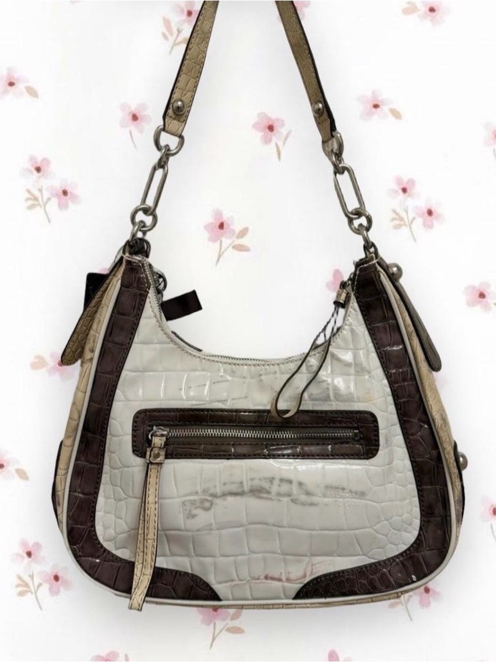 Guess Cream, Brown & Tan Croc-Embossed Shoulder Bag with Heart Plaque - Picture 2 of 7